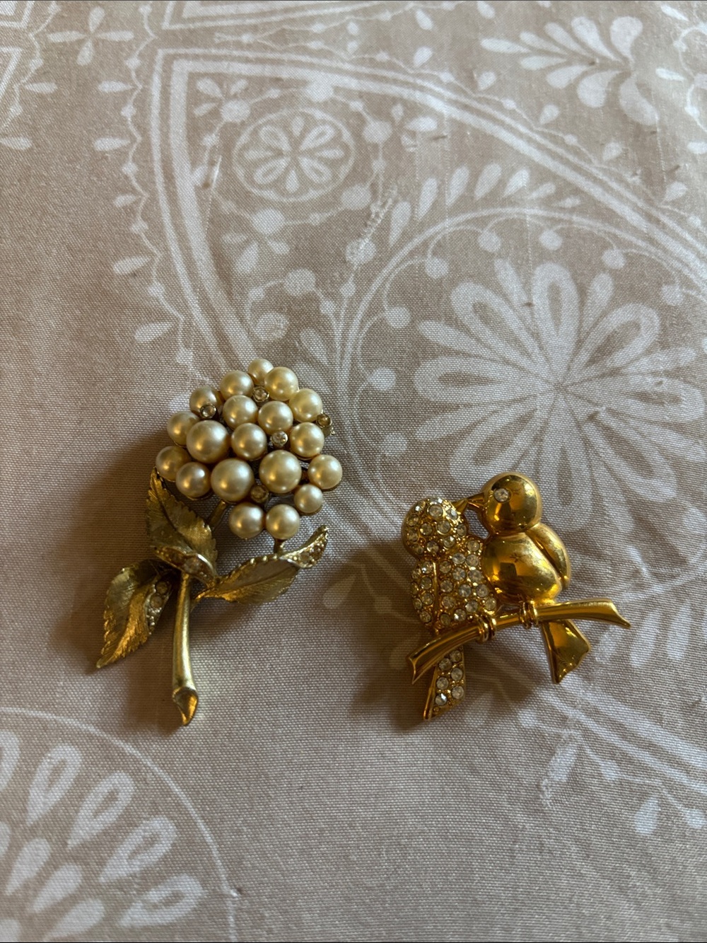 Gold Tone Pearl Flower and Crystal Bird Brooch Set - Women Jewelry